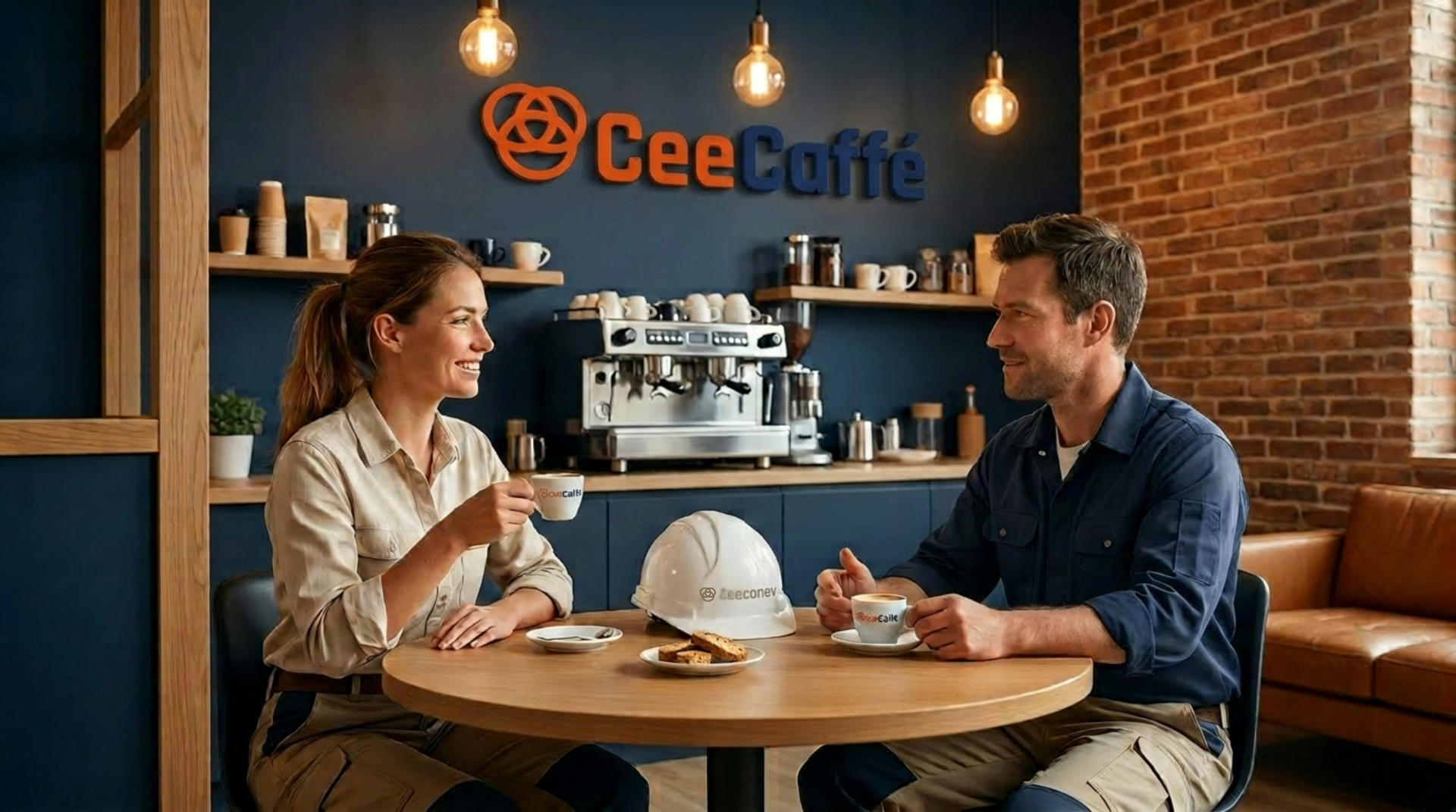 Wnętrze CeeCaffé — kobieta i mężczyzna budowlańcy przy kawie